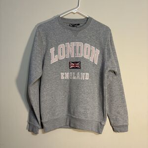 London England Crewneck Gray Small Pink Letters Union Jack Flag